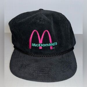 Vintage McDonald’s Black Corduroy Rope SnapBack Baseball Hat neon pink teal logo